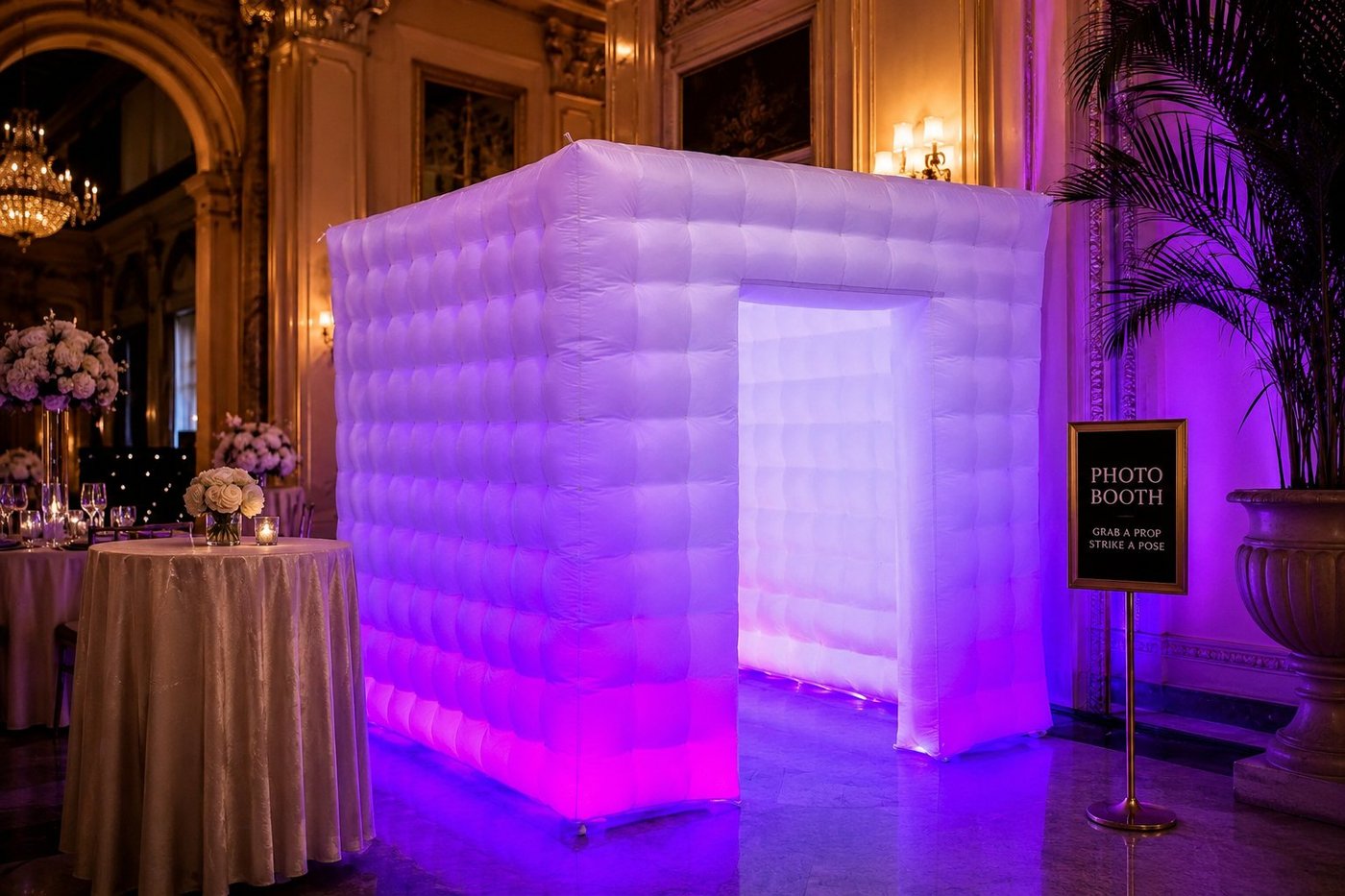 FaceBooth white LED photo booth glowing at an elegant wedding reception