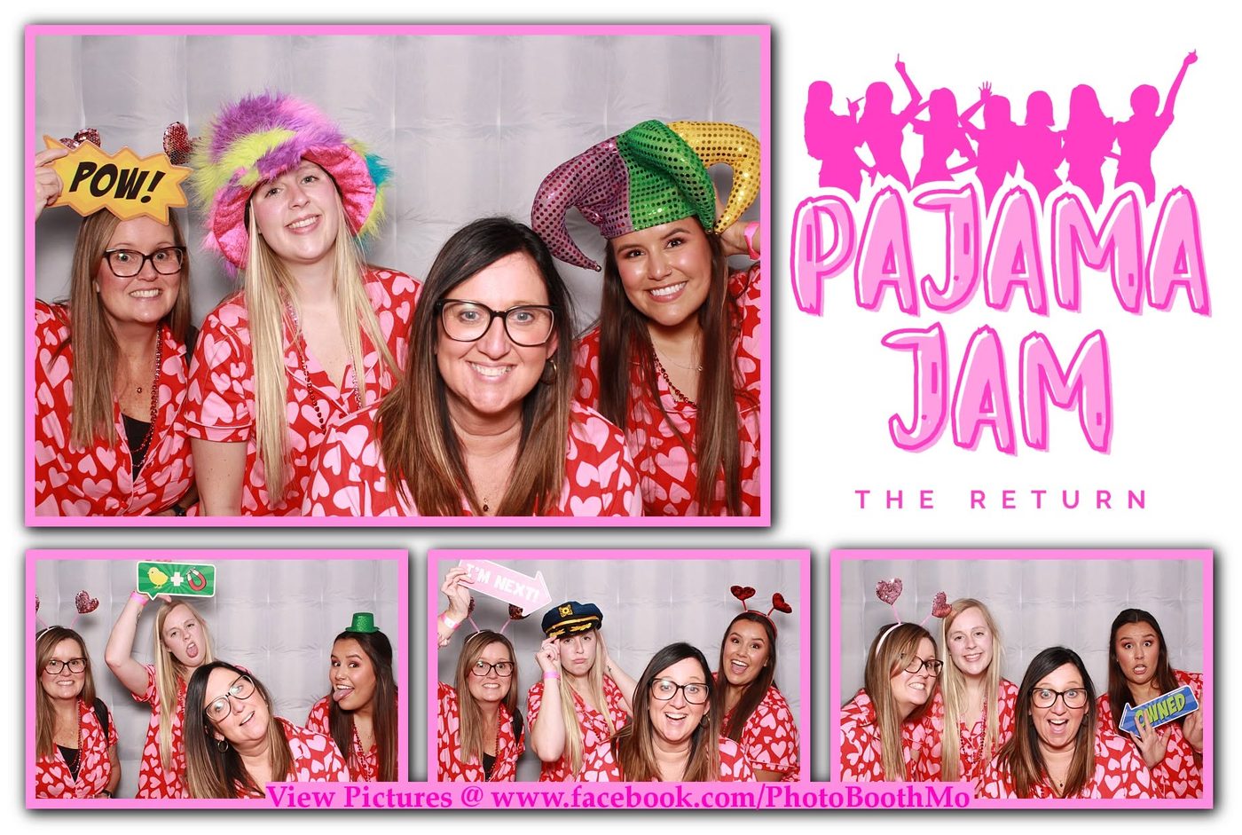 Pajama Jam event photo booth layout with guests in matching pajamas